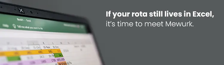 Banner inviting managers to move from spreadsheets to Mewurk for smarter scheduling of staff