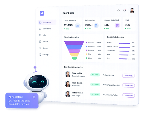 Maya AI candidate management dashboard with AI assistant