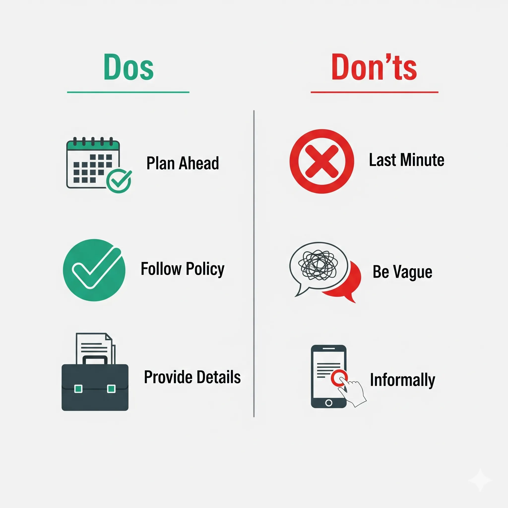 Infographic comparing dos and don’ts of writing a leave application