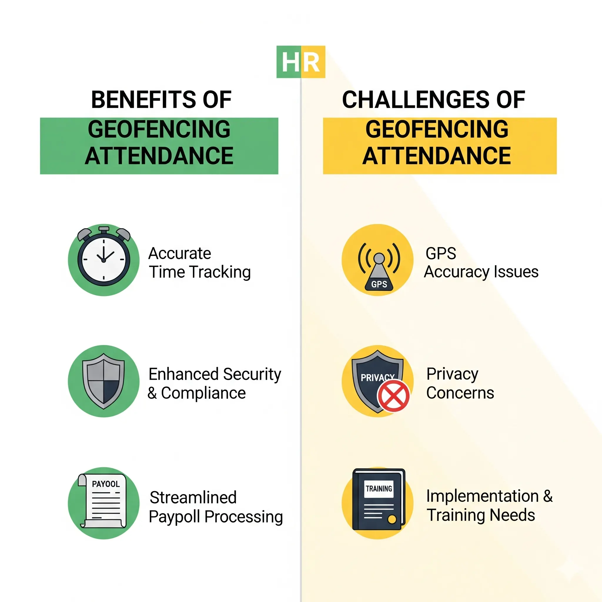 Vector infographic showing benefits and challenges of geofencing attendance