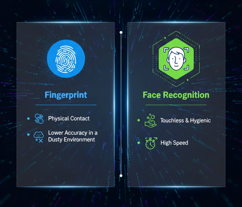 Biometric attendance system price comparison: Fingerprint (contact) vs. Face Recognition (touchless, fast)