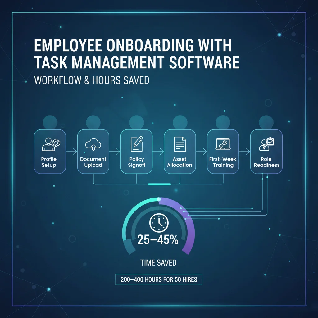 Infographic for onboarding checklist and hours saved using task management software in India