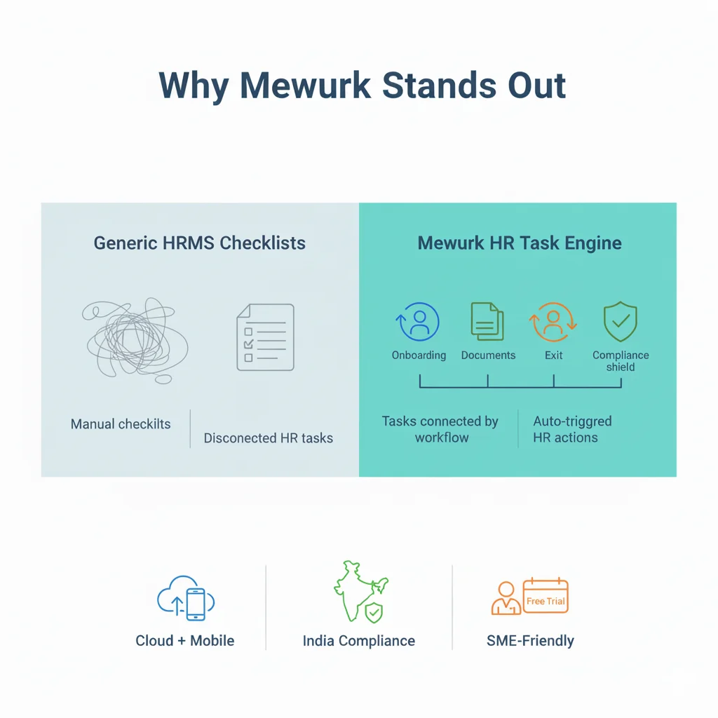 Infographic explaining why Mewurk is the best task management software in India for HR workflows