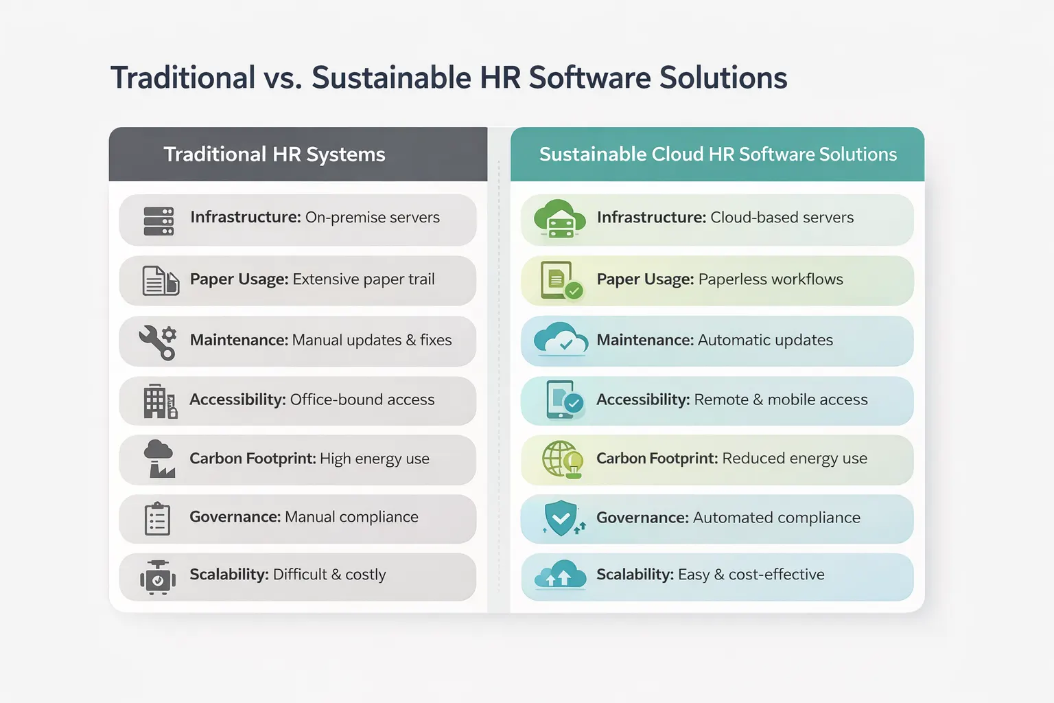 Comparison infographic illustrating differences between traditional and cloud-based HR software solutions