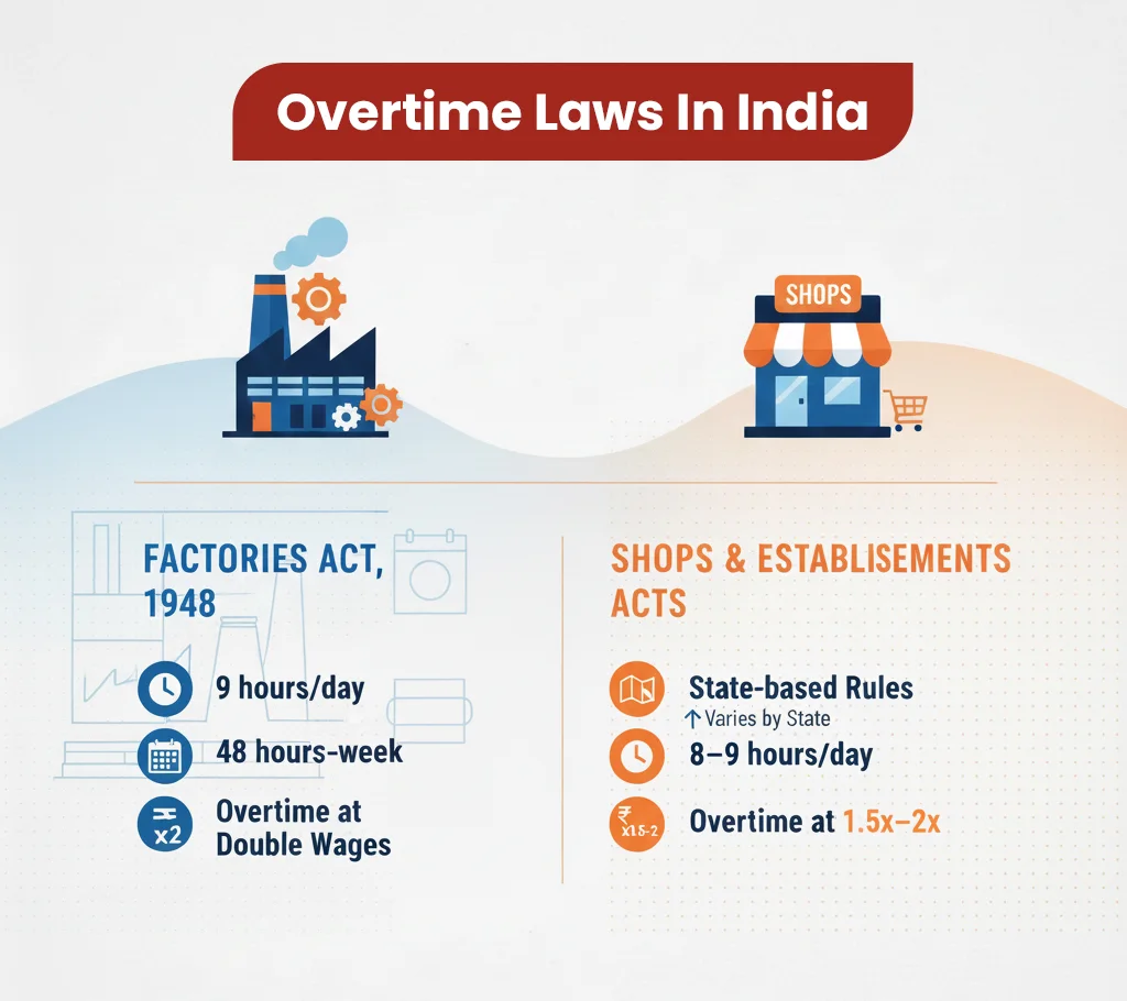 Infographic showing policy rules in India under the Factories Act and State Shops and Establishments Acts
