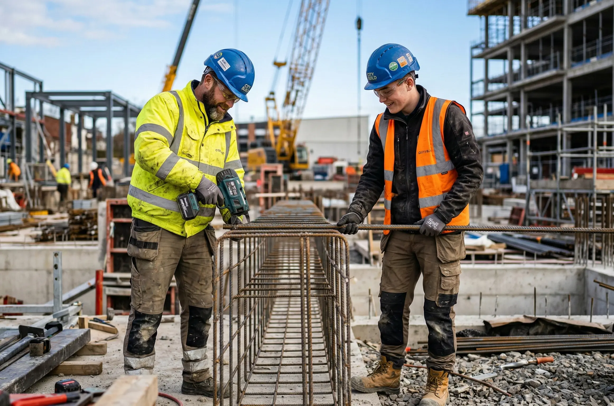 image of employees in a construction site working happily due to proper deployment of workforce management software