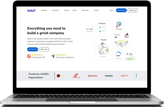 Keka home page screenshot to show as a top HR software in India