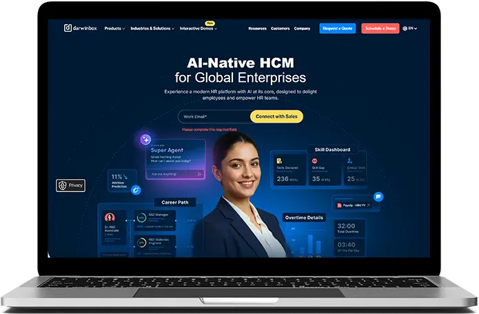 Darwinbox home page screen grab to present it as a top HR software in India