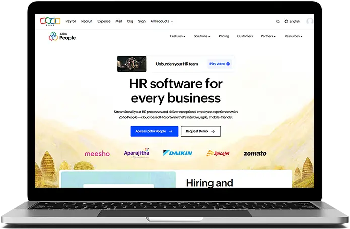 Zoho People home page image to list it as a top HR software in India