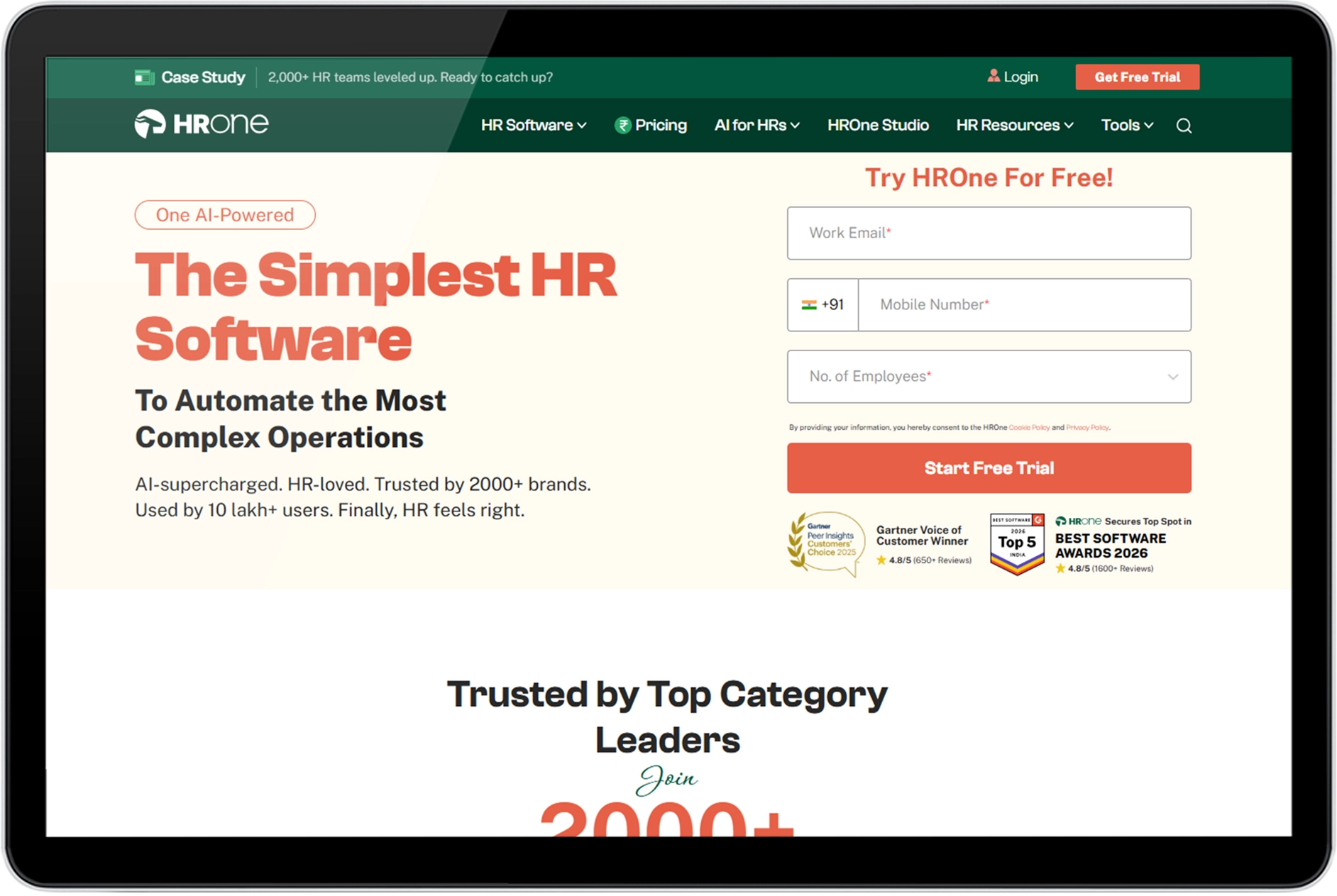 HROne homepage shown as a leading HR payroll automation tool