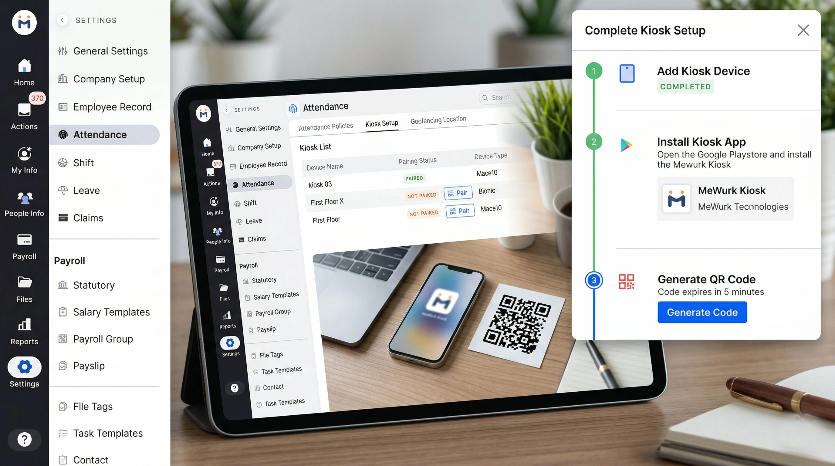 Mewurk realtime attendance software kiosk setup screen