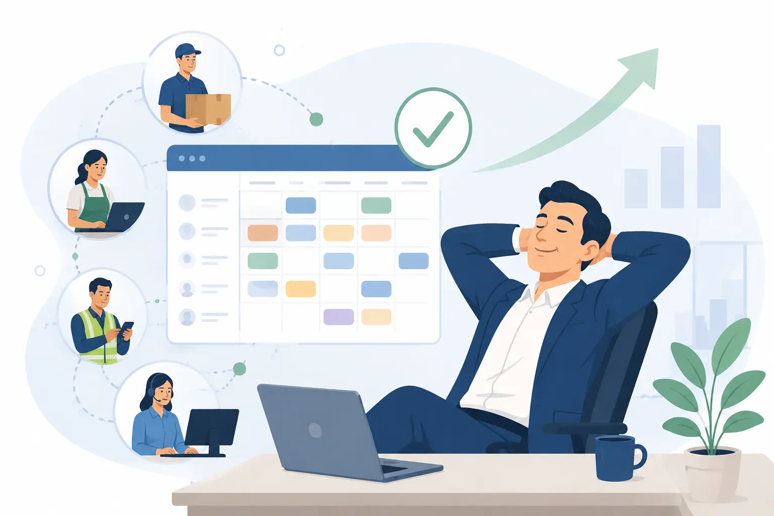 Happy business owner relaxed because of shifts are handled by a smart roster management software