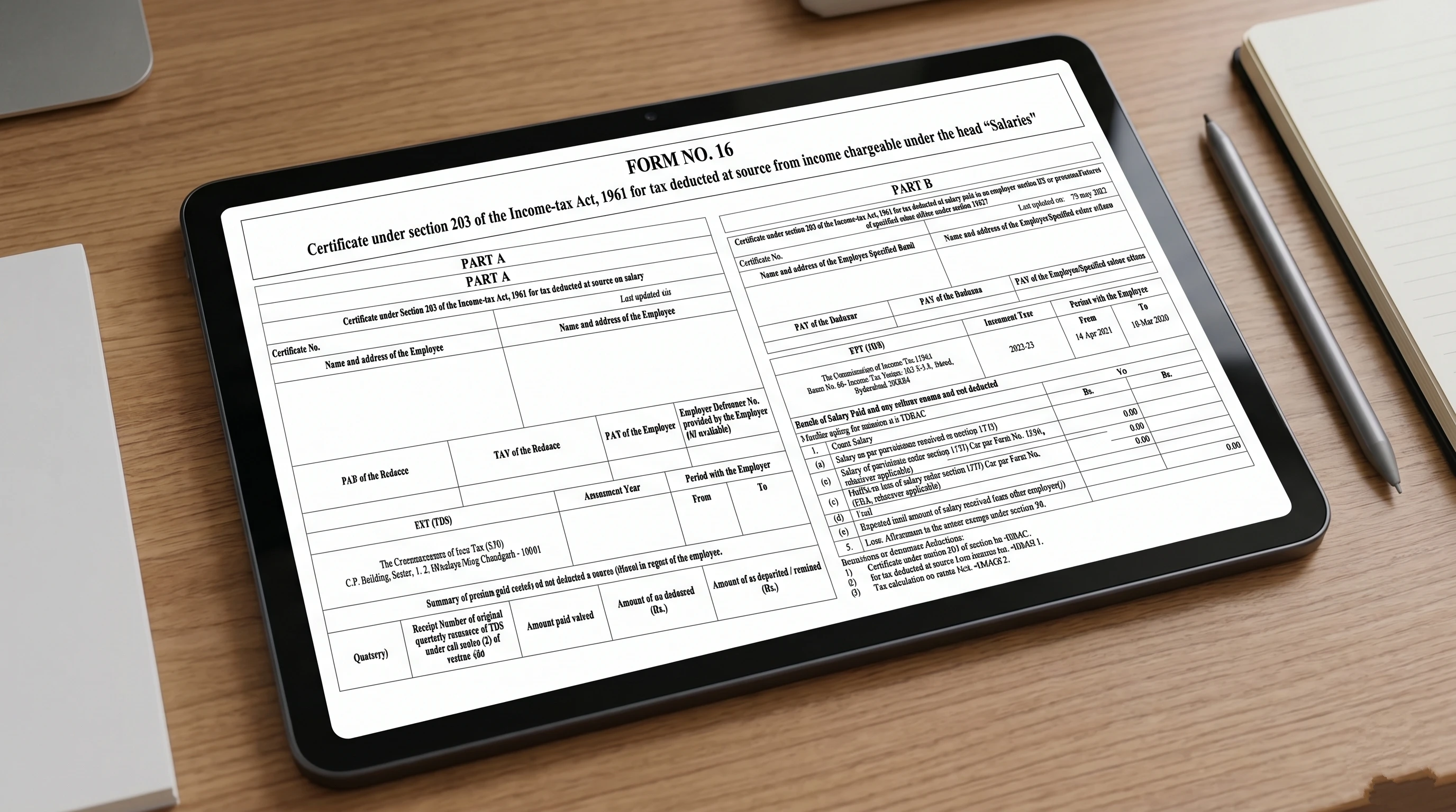 Form 16 displayed on a tablet screen with part a and part b