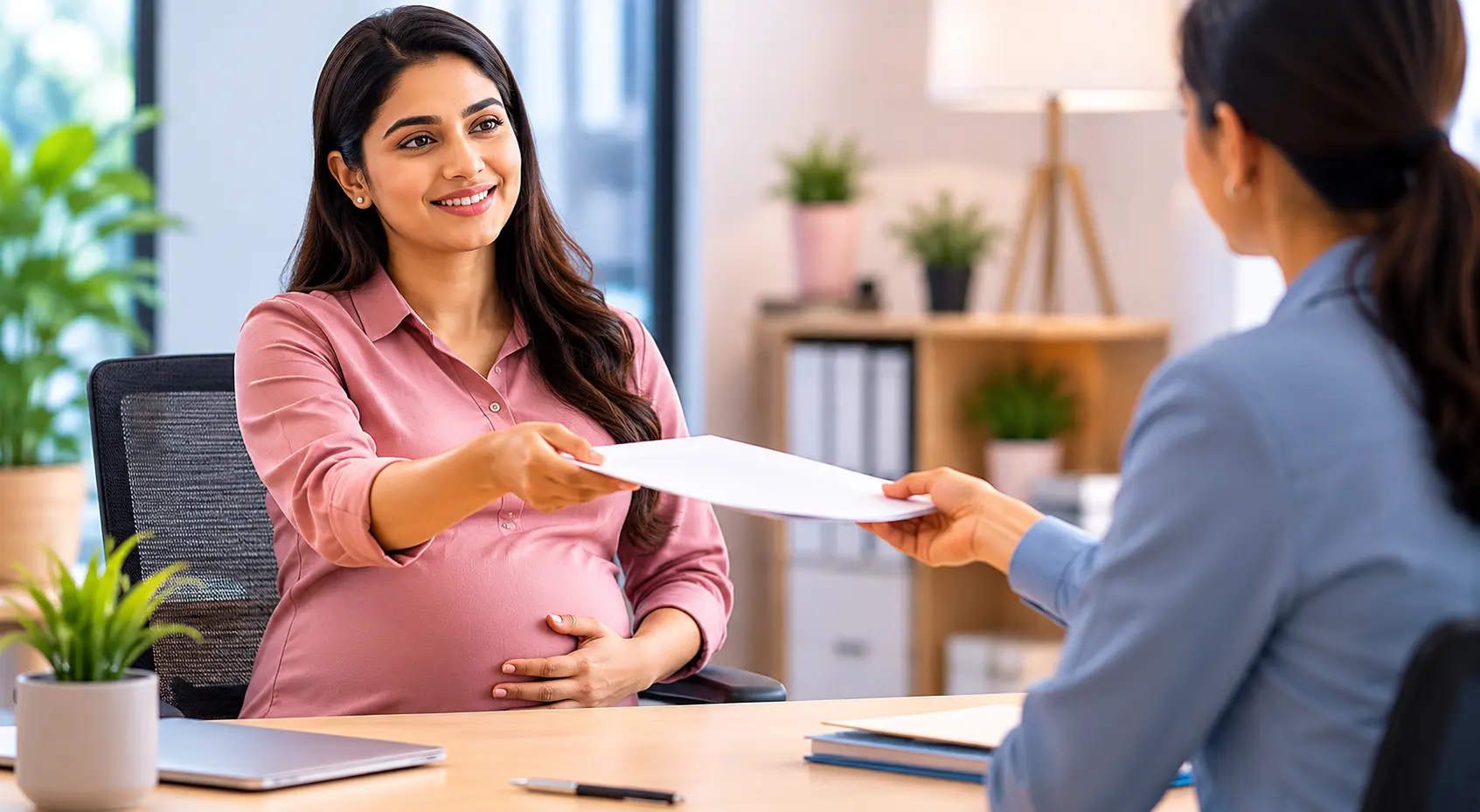 A pregnant woman handing over maternity leave in India application letter to HR