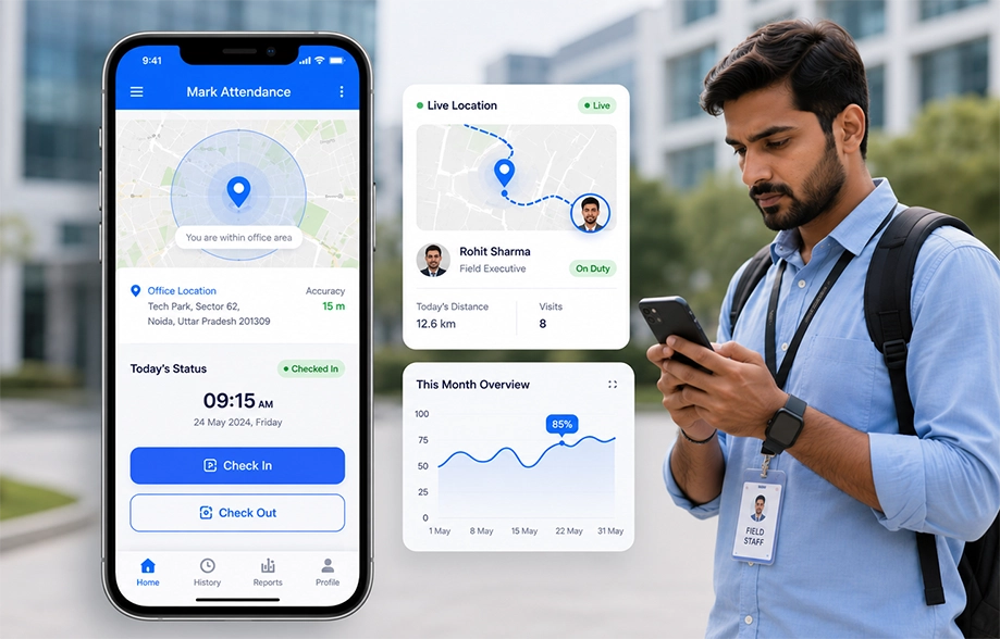 Mobile HRMS app with GPS attendance tracking for field and factory staff