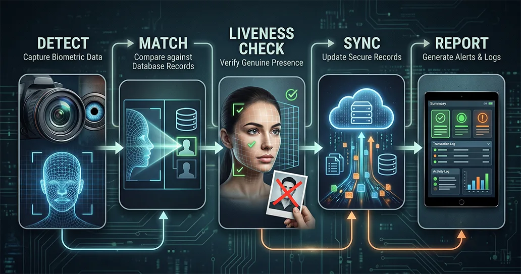 AI face recognition attendance kiosk verifying employee identity