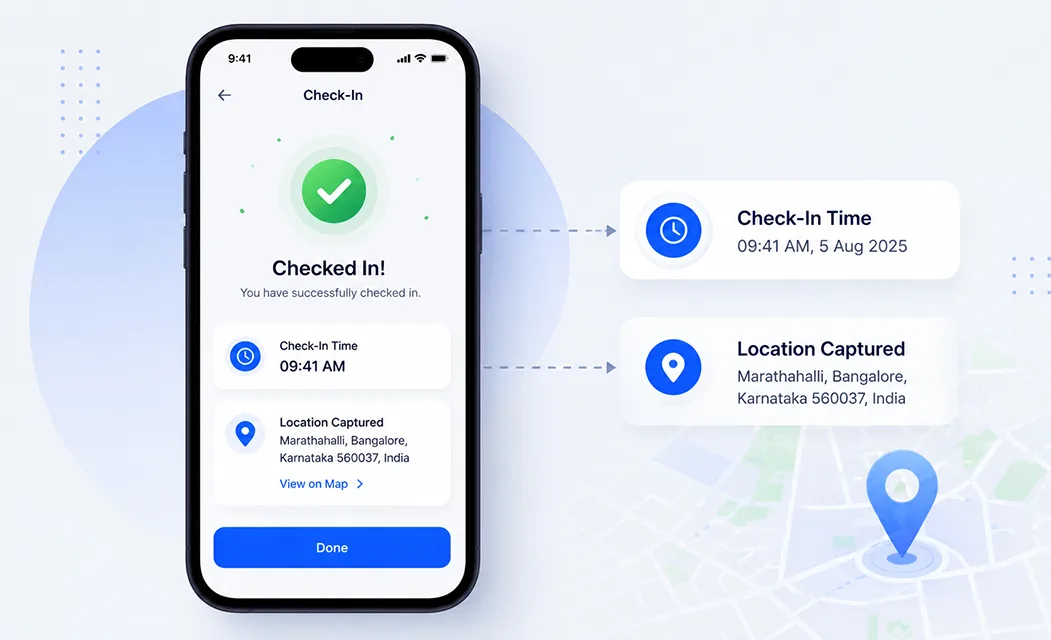 employee check-in screen on a mobile-based attendance system showing time and location