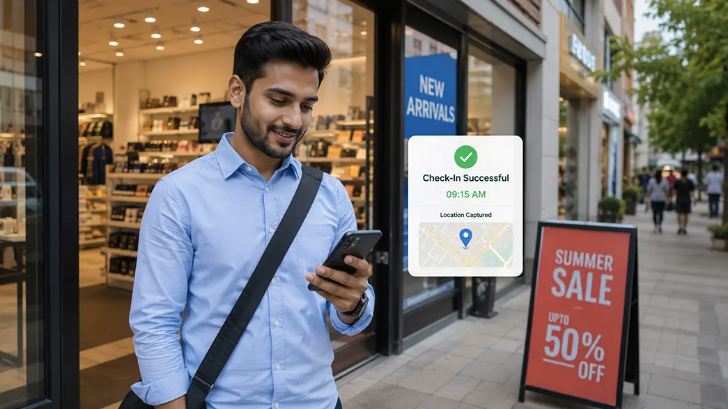 field sales employee checking in at a retail store using an employee attendance app