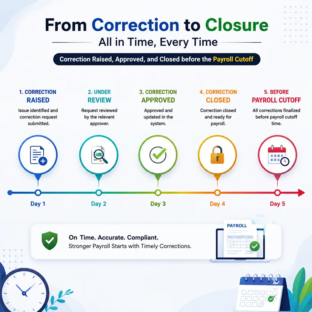 attendance correction approved before payroll cutoff in an integrated HR system