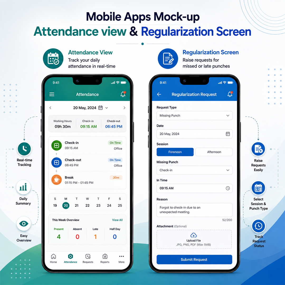 Mewurk mobile attendance view with correction request and approval