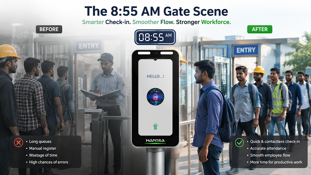 workers marking attendance at a factory gate kiosk during morning shift