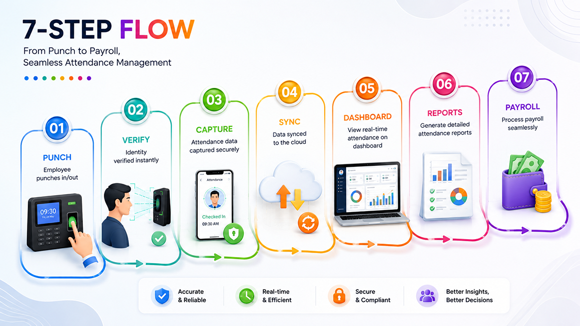biometric attendance kiosk workflow from verification to payroll