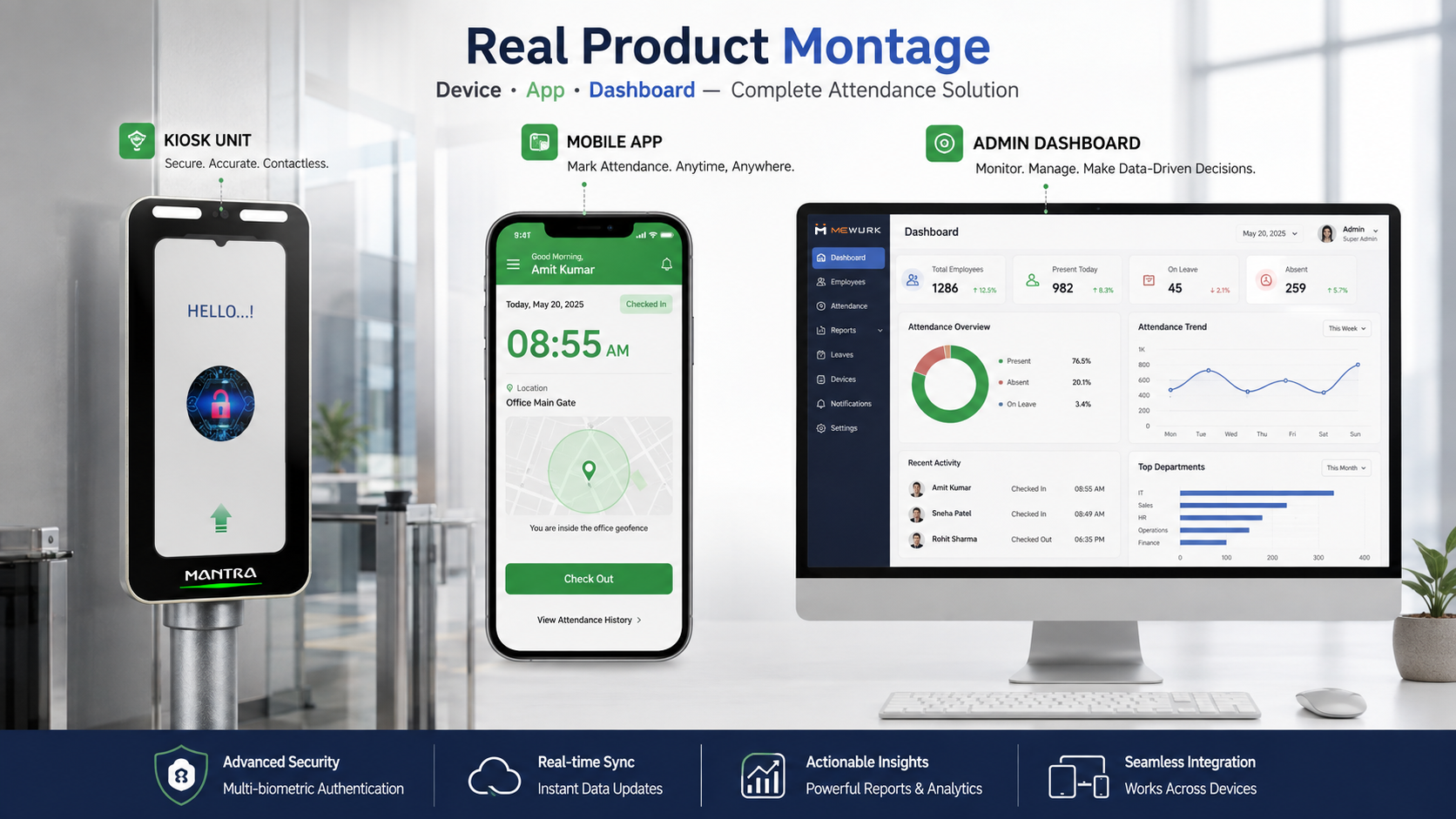 Mewurk kiosk mobile app and dashboard sharing one attendance record