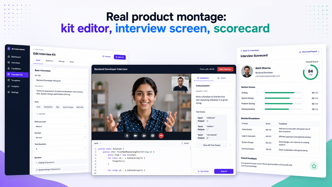 Mewurk AI interviewer kit editor, live interview screen, and candidate scorecard