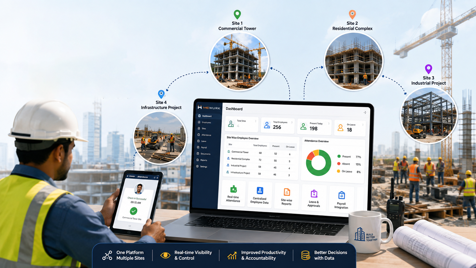 Workforce management software connecting multiple construction sites to centralized HR and payroll