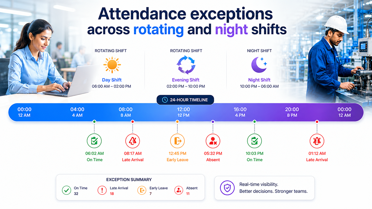Attendance exceptions in shift-based and night-shift workforces