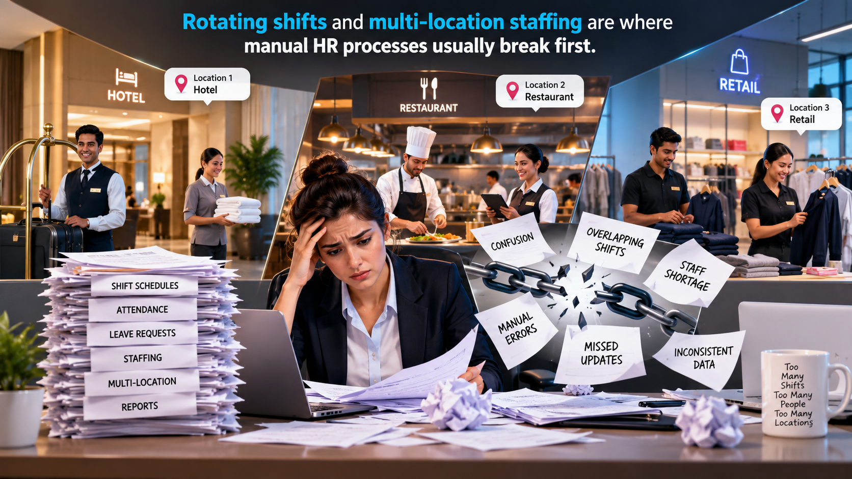 Manual shift roster and attendance tracking challenges in hospitality and retail businesses