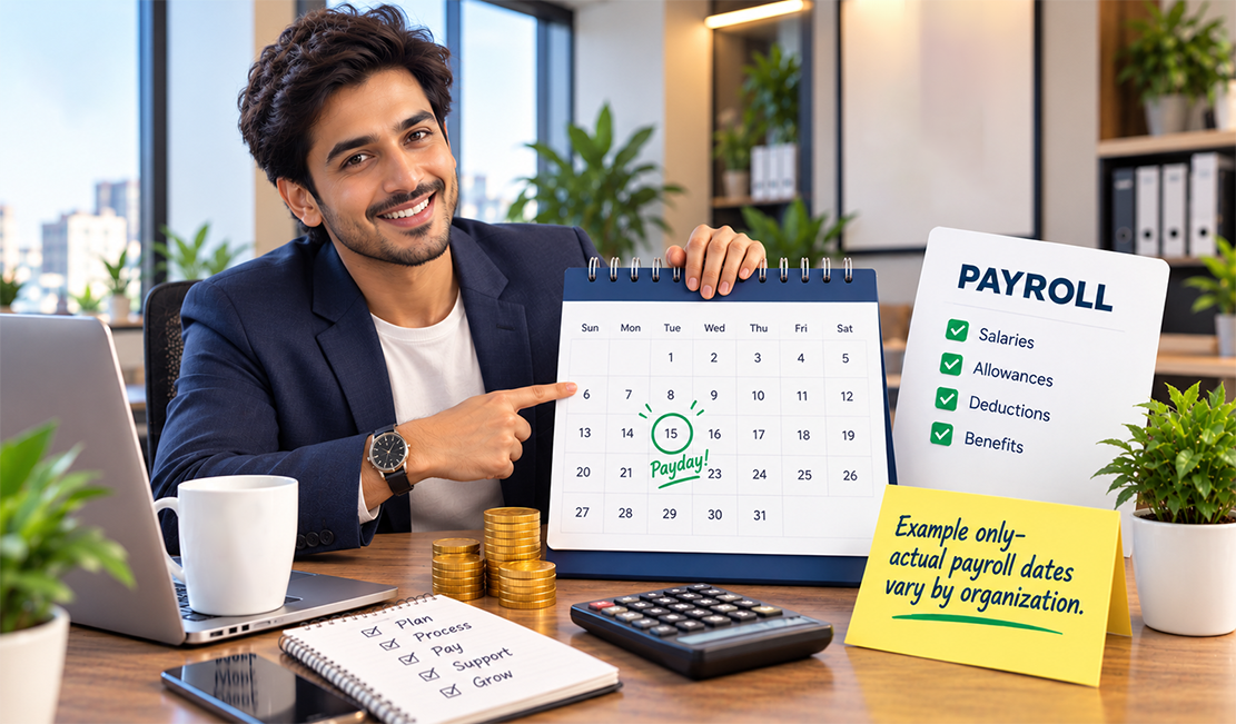 Example monthly payroll cut-off calendar showing attendance closure, cut-off, approval and payment dates