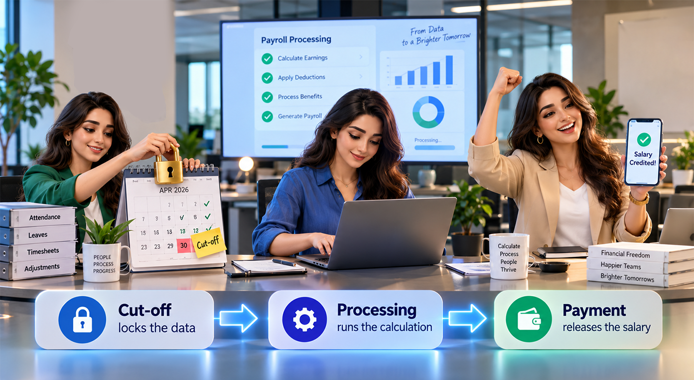 Comparison of payroll cut-off date, payroll processing date and salary payment date