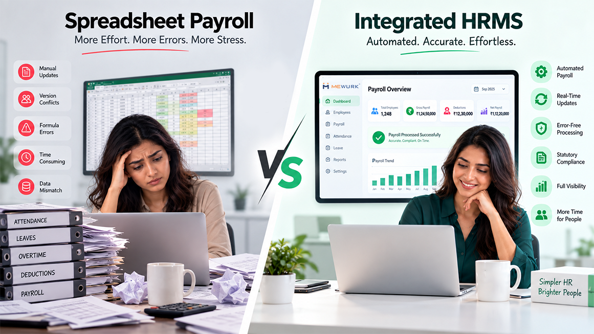 Spreadsheet payroll checklist compared with integrated HRMS software