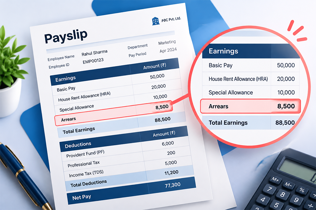 Sample payslip showing salary arrears as a separate line item