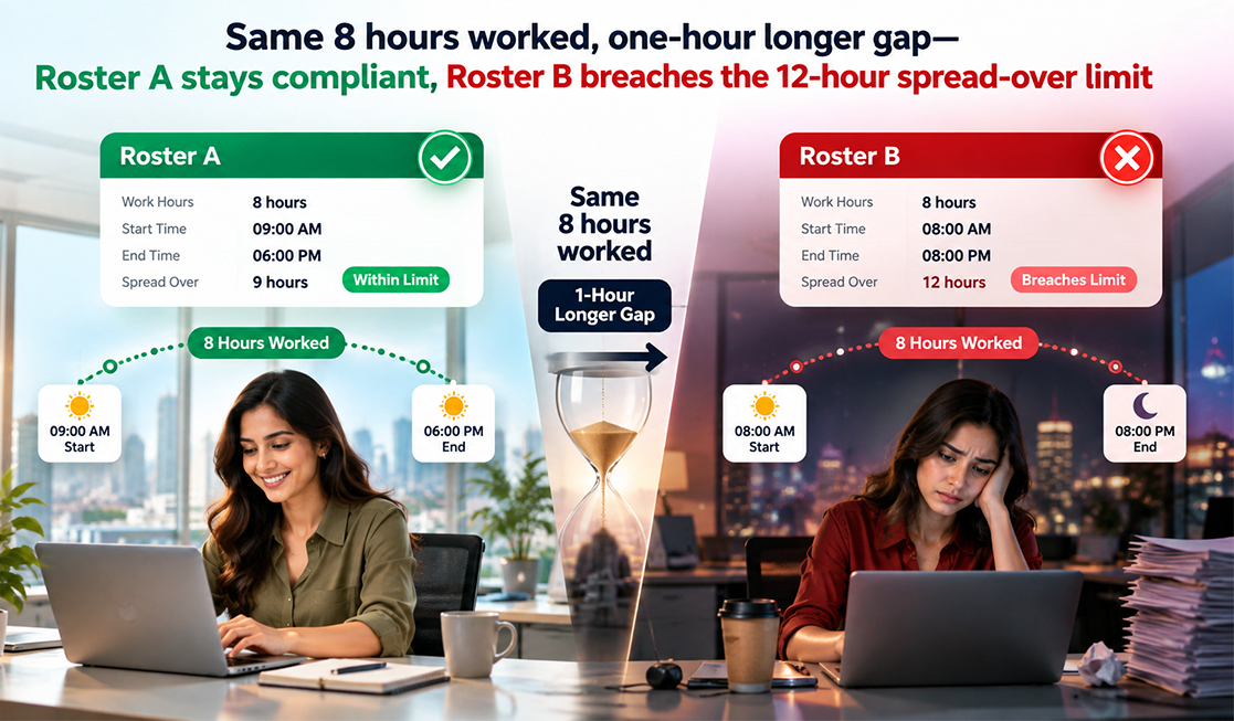 Comparison of compliant and non-compliant split shift rosters showing spread-over hours