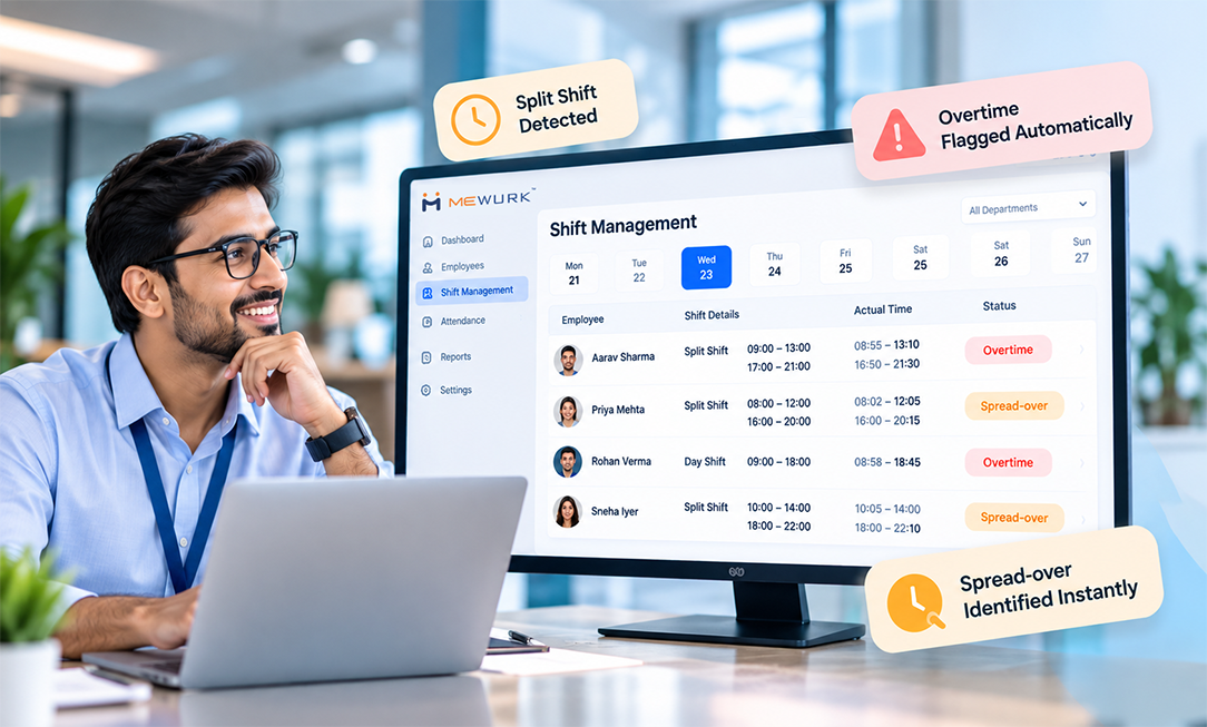Mewurk shift management dashboard showing split shift tracking and overtime alerts