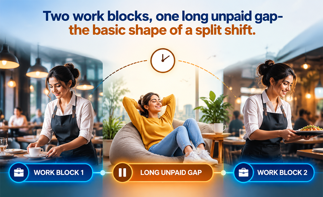 Diagram showing two work blocks separated by an unpaid gap in a split shift