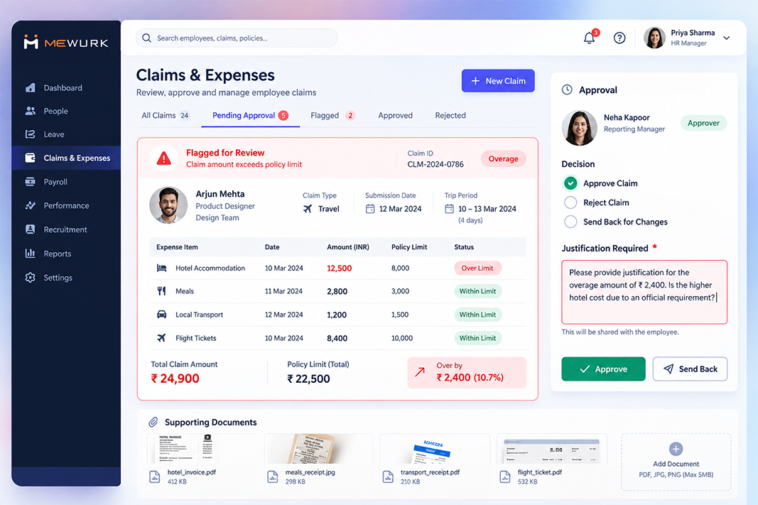 Mewurk expense management dashboard flagging an out-of-policy claim