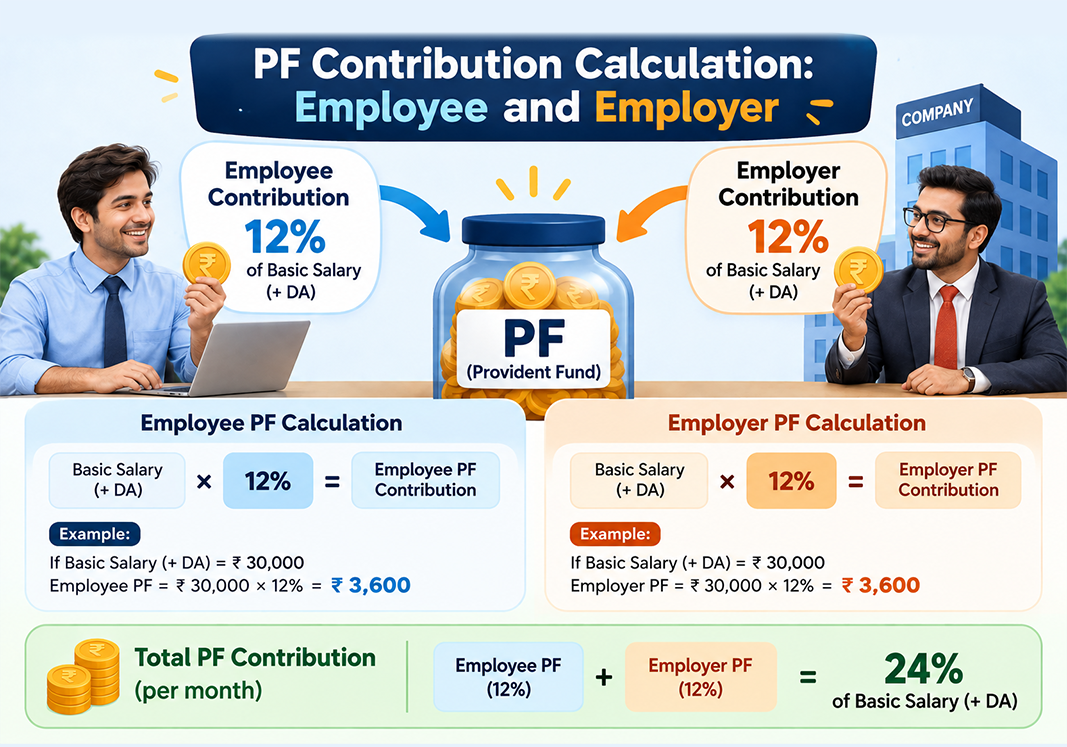 PF contribution calculation for employees and employers