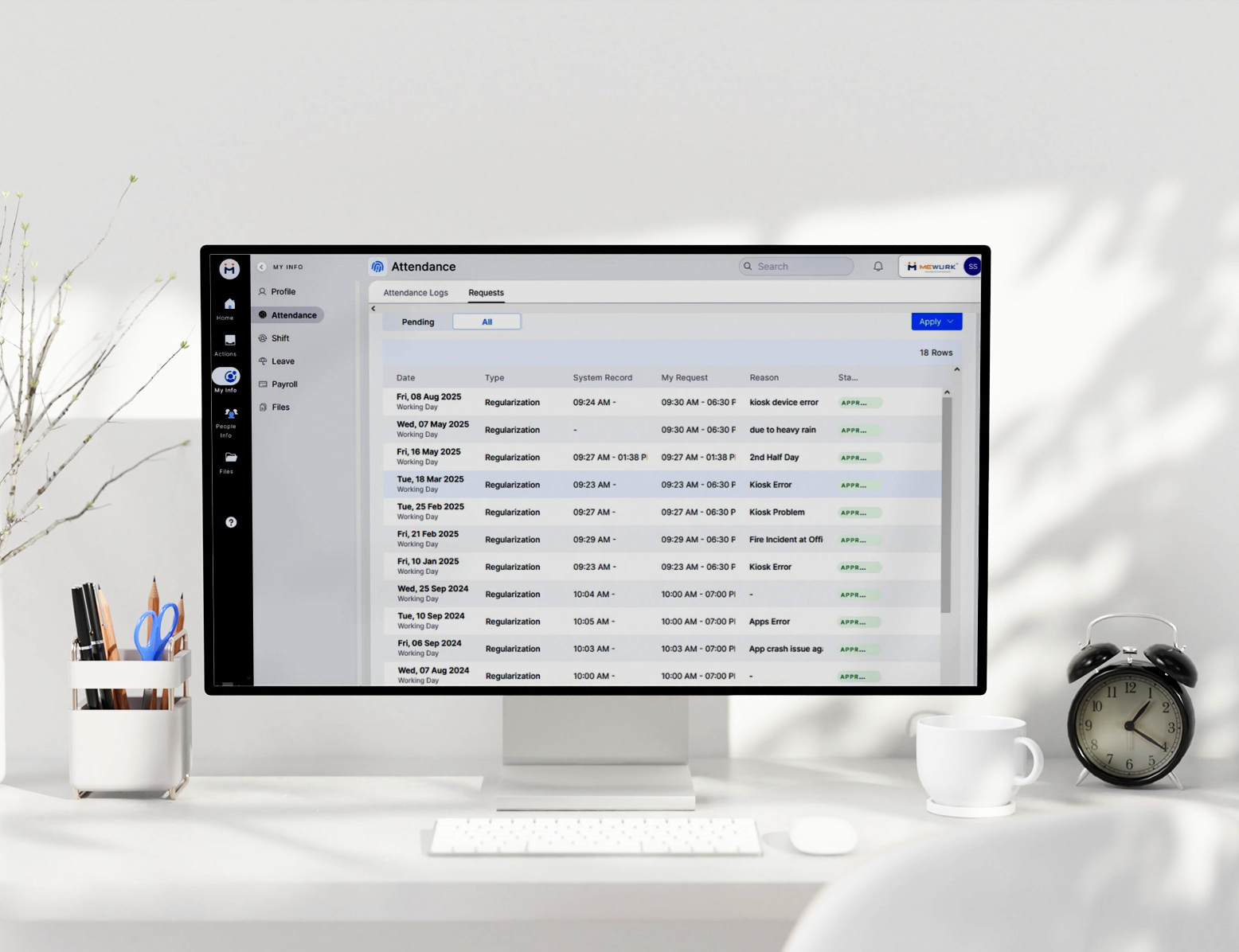 The attendance regularisation dashboard is showing pending requests for corrections