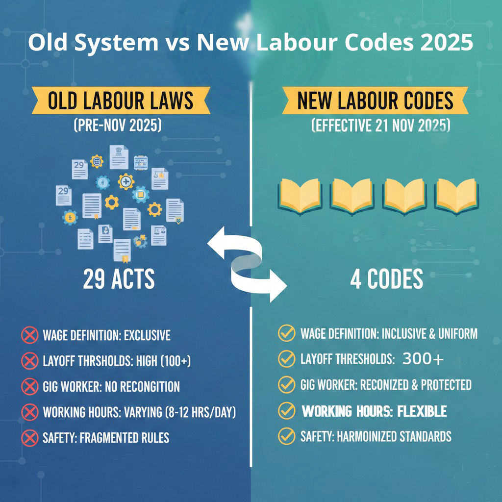 Infographic comparing old labour laws (29 acts) with the four consolidated Labour Codes effective 21 November 2025