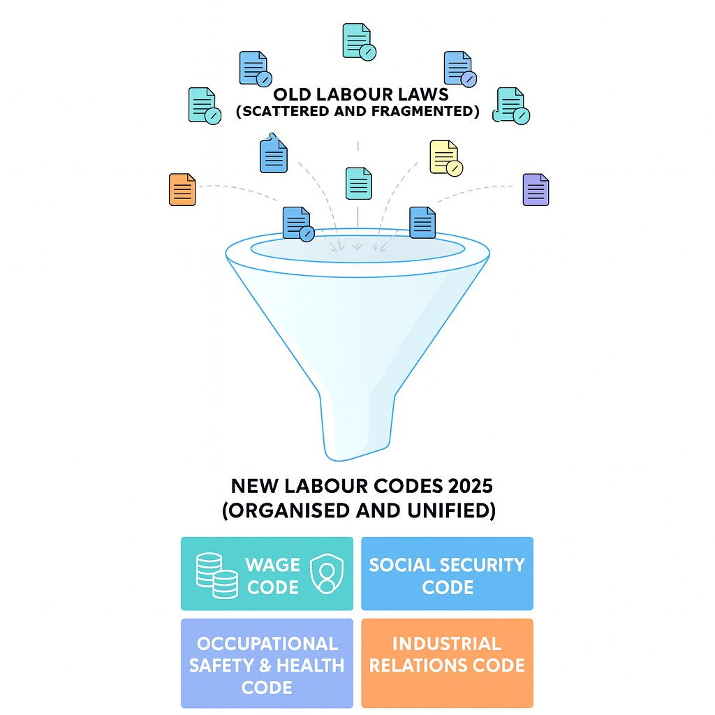 Infographic comparing old labour laws (29 acts) with the four consolidated Labour Codes effective 21 November 2025