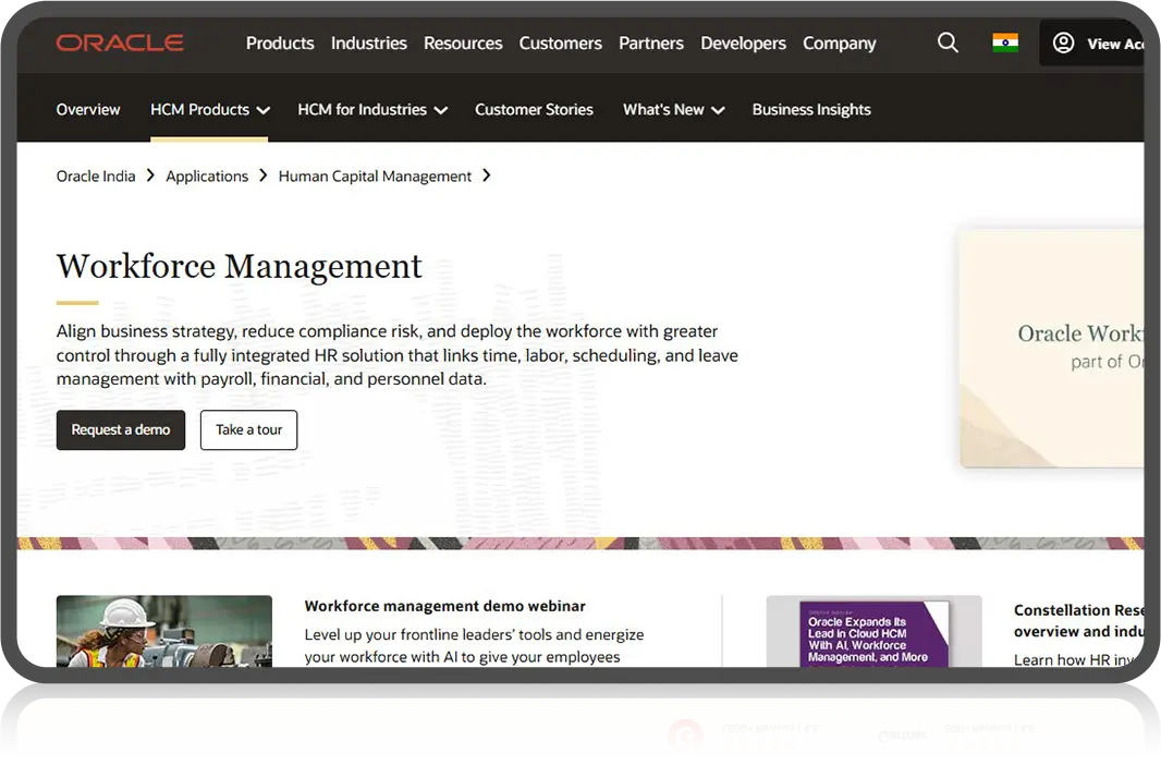 Oracle HCM Cloud homepage – best workforce management software for enterprises